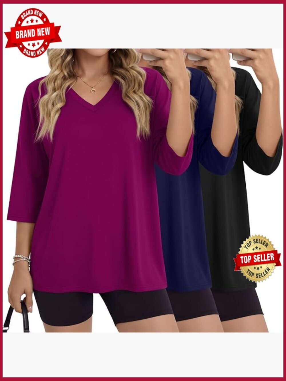 3 Pack Oversized V Neck Tees 3/4 Sleeve Cotton Tops Loose Fit Basic Shirts